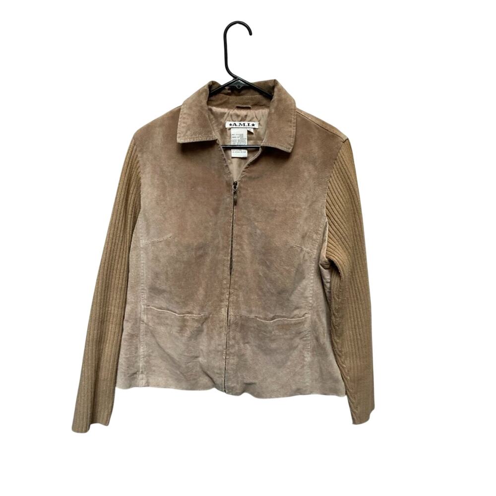 Ami Two-Tone Taupe Suede Jacket with Ribbed Sleeves